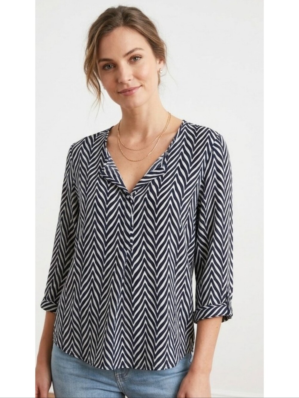 Stylus Split neck High Low Patterned blouse Black & White Size M